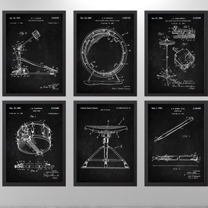 Drum Patent Art Set of 6, Prints, Drummer Art, Cymbal, Drum Patent, Snare Drum, Percussion, Music Room Decor, Instant Download