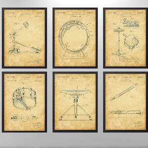 Trommel Patent Kunst Set von 6, Drucke, Drummer Kunst, Cymbal, Drum Patent, Snare Drum, Percussion, Musik Raum Dekor, Instant Download