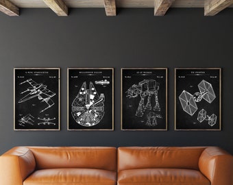 Star Wars Patent Set of 4, Millennium Falcon Patent, X-Wing Poster, Tie Fighter Art, AT-AT Walker Decor, Star Wars Fan Gift,Instant Download