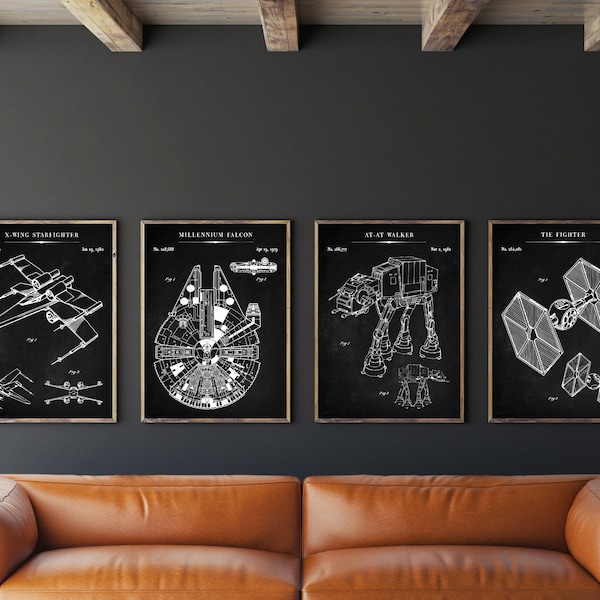 Star Wars Patent Set of 4, Millennium Falcon Patent, X-Wing Poster, Tie Fighter Art, AT-AT Walker Decor, Star Wars Fan Gift,Instant Download