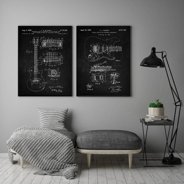 Guitar Patent Prints  Set of 2, Guitar Poster, Guitar Art, Guitar Print, Guitar Decor, Instant Download