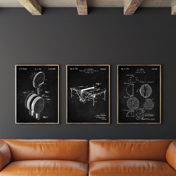 Tischtennis Patent Set von 3, Tischtennis Poster, TT Fledermaus Kunst, Racquet Patent Druck, Tischtennis Ball, Ping Pong Wandkunst, INSTANT DOWNLOAD