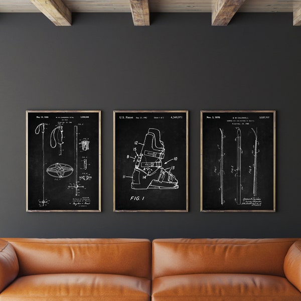 Ski Patent Art Set of 3, Winter Sports Art, Ski Pole Poster, Boots Decor, Sports Activity, Instant Download