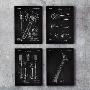 Tool Patent Print Set of 4, DIY Tool Posters, Mancave Art, Workshop Poster, Screwdriver Patent, Wrench Poster, Vice Patent, Hammer Poster