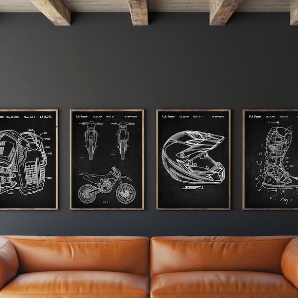 Dirt Bike Patent Set of 4, Motocross Art, Helmet Patent, Body Armor, Motorbike Boots Decor, INSTANT DOWNLOAD