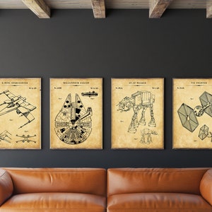 Star Wars Patent Set von 4, Millennium Falcon Patent, X-Wing Poster, Tie Fighter Kunst, AT-AT Walker Dekor, Star Wars Fan Geschenk, Instant Download
