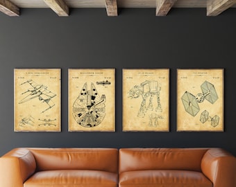 Star Wars Patent Set of 4, Millennium Falcon Patent, X-Wing Poster, Tie Fighter Art, AT-AT Walker Decor, Star Wars Fan Gift,Instant Download