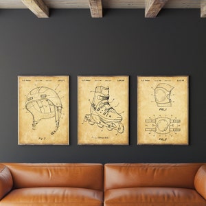 Inline Roller Skates Patent Print Set of 3, Helmet Patent, Knee&Elbow Pad Poster, Skater&#39;s Gift, Kids Room Decor, INSTANT DOWNLOAD