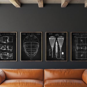 Lacrosse Patent Art Set of 4, Lacrosse Poster, Racquet Poster, Field Diagram, Protective Gloves, Gift for Her, Sports Art, INSTANT DOWNLOAD
