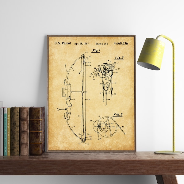 Compound Bow Patent Print, Bow and Arrow, Vintage Poster, Gift For Archer, Archery Wall Art, Man Cave Art, Hunting Decor, INSTANT DOWNLOAD