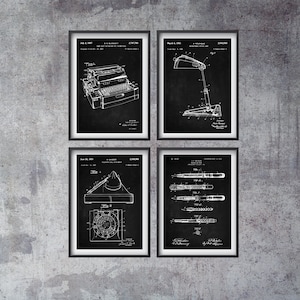 Office Patent Prints Set of 4, Accountancy Poster, Office Art, Business Management, Fountain Pen, Typewriter, Office Lamp, INSTANT DOWNLOAD