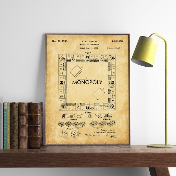 Monopoly Patent Print, Set of 4, Monopoly Patent, Board Game Art, Monopoly Blueprint Poster, Board Games, INSTANT DOWNLOAD
