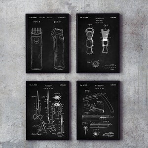 Barbershop Patents Set of 4, Hipster Cool Gift, Brush, Razors, Shaving Machine, Scissors, Barber Shop Art, Patent Prints, INSTANT DOWNLOAD