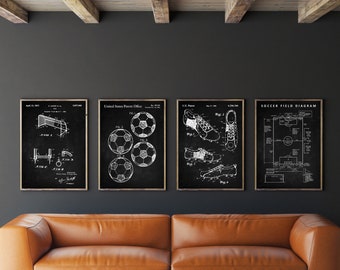 Soccer Wall Art, Set of 4, Patente de fútbol, Cartel de la Copa del Mundo, Fútbol, Zapato, Gol, Cartel de Campo, DESCARGA INSTANTÁNEA