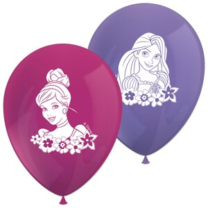 Puede incluir: Dos globos, uno magenta y otro morado, cada uno con una ilustraci&oacute;n blanca de una princesa Disney. El globo magenta tiene una princesa con mo&ntilde;o y detalles florales. El globo morado tiene una princesa con pelo largo y detalles florales.