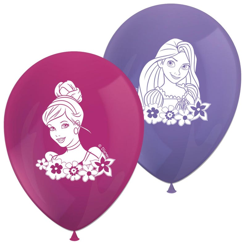 Puede incluir: Dos globos, uno magenta y otro morado, cada uno con una ilustraci&oacute;n blanca de una princesa Disney. El globo magenta tiene una princesa con mo&ntilde;o y detalles florales. El globo morado tiene una princesa con pelo largo y detalles florales.