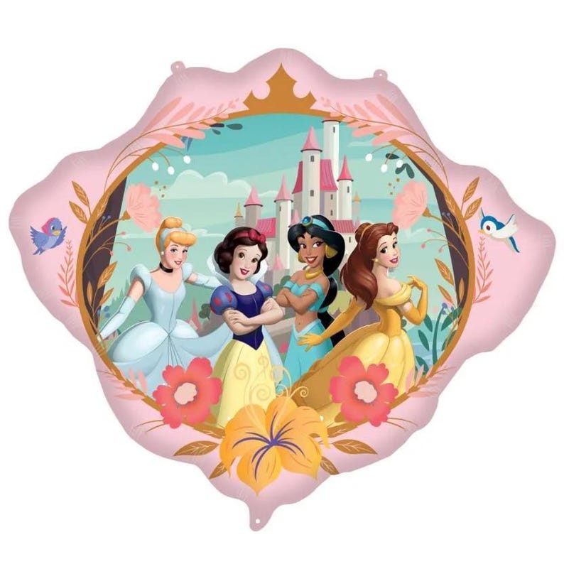 Puede incluir: Un globo rosa en forma de coraz&oacute;n con cuatro princesas de Disney: Cenicienta, Blancanieves, Jasm&iacute;n y Bella. Las princesas est&aacute;n situadas frente a un castillo y un dise&ntilde;o floral. El globo tiene una corona dorada en la parte superior y elementos decorativos.