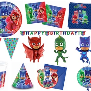 PJ Masks Party Decor Supplies, Owlette Gekko and Cat Boy balloons, Table ware, Invitaitions image 1