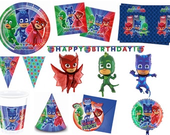 PJ Masks Party Decor Supplies, Owlette Gekko and Cat Boy balloons, Table ware, Invitaitions