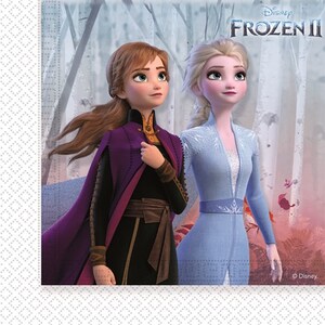 May include: Two animated characters from the Disney movie Frozen II. Elsa is wearing a light blue dress with a snowflake design and Anna is wearing a purple and black dress with a brown belt. The background is a snowy forest.