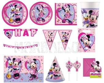 Benodigdheden voor verjaardagsfeestje Minnie Mouse: borden, kopjes, ballonnen, servetten, tafelkleed Party Deco