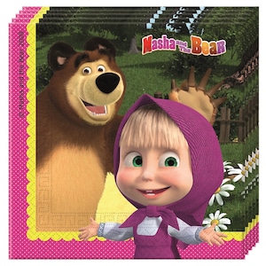 MASHA and THE BEAR Party Decor Supplies Tableware Balloons Napkins Plates Tablecover Banner Cups Invitation cards Straws 1x 20 napkins