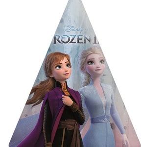 May include: A party hat featuring a blue and white background with the text "Disney Frozen II" and images of Elsa and Anna from the movie Frozen II. Elsa is wearing a light blue dress and Anna is wearing a purple dress.