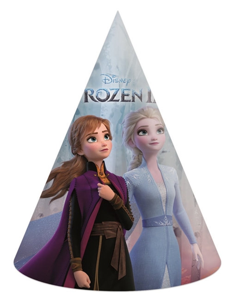 May include: A party hat featuring a blue and white background with the text "Disney Frozen II" and images of Elsa and Anna from the movie Frozen II. Elsa is wearing a light blue dress and Anna is wearing a purple dress.