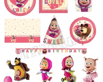 Masha and The Bear Birthday Party Supplies:  Plates, Cups, Balloons, Napkins, Table Cover Party Decor