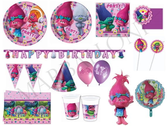 Trolls Party Decor Supplies Tableware Balloons Napkins Plates Tablecover  Banner Cups Invitation Cards Straws 