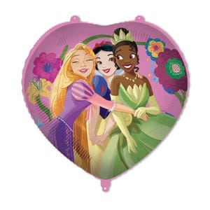 Puede incluir: Globo de aluminio en forma de coraz&oacute;n con tres princesas animadas: Rapunzel, Blancanieves y Tiana. El globo tiene un fondo rosa con detalles florales. Las princesas sonr&iacute;en y se abrazan, Rapunzel con un vestido morado, Blancanieves con un vestido amarillo y Tiana con un vestido verde.