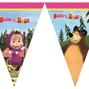 MASHA and THE BEAR Party Decor Supplies Tableware Balloons Napkins Plates Tablecover Banner Cups Invitation cards Straws 1 x flag banner