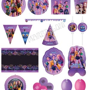 May include: A K-Pop Demon Hunters themed party supply set including round plates, a paper cup, a Happy Birthday banner, triangular pennants, a party hat, cake toppers, a rectangular tablecloth, a shaped balloon, and various purple and pink balloons.