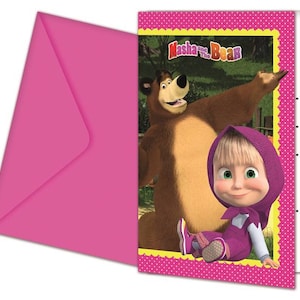 MASHA and THE BEAR Party Decor Supplies Tableware Balloons Napkins Plates Tablecover Banner Cups Invitation cards Straws 1 x 6  invitations