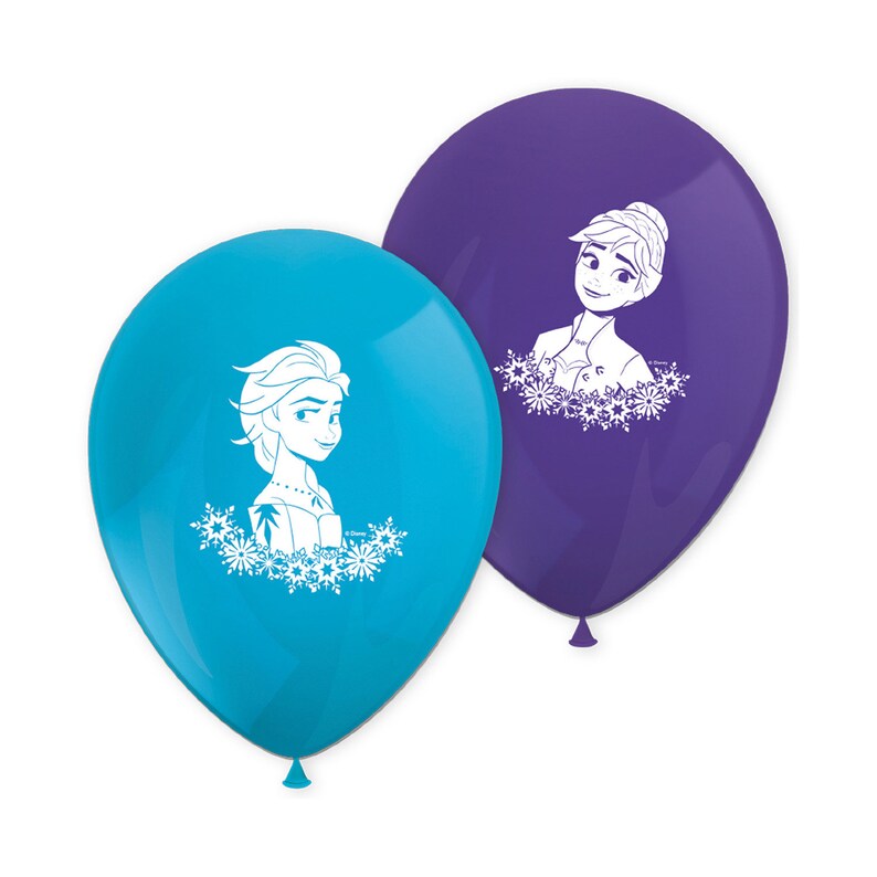 May include: Two latex balloons, one blue and one purple, with white outlines of the characters Elsa and Anna from the movie Frozen. The balloons are decorated with snowflakes.