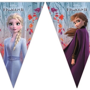 May include: Two triangular party flags featuring the characters Elsa and Anna from the movie Frozen II. The flags are blue and purple with the text "Frozen II" printed on each.