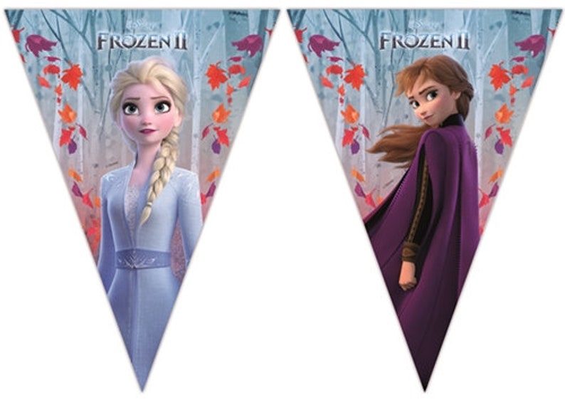 May include: Two triangular party flags featuring the characters Elsa and Anna from the movie Frozen II. The flags are blue and purple with the text "Frozen II" printed on each.