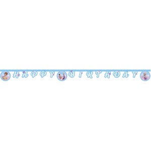 May include: A blue and white banner with the words "Happy Birthday" in a white script font. The banner has images of two girls from the movie Frozen.