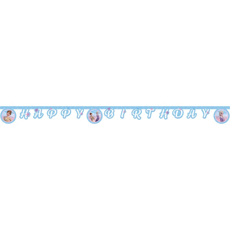 May include: A blue and white banner with the words "Happy Birthday" in a white script font. The banner has images of two girls from the movie Frozen.