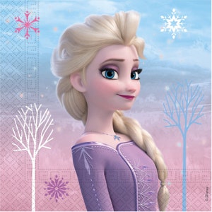 May include: A purple and blue background with a white snowflake and a white tree. A portrait of Elsa from Frozen, with blonde hair and blue eyes, wearing a purple dress with a snowflake design.