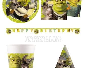 May include: A Shrek-themed party supply set including a round plate, square napkins, a Happy Birthday banner, a paper cup, and a cone-shaped party hat. Each item features Shrek, Donkey, and Fiona with green and yellow accents and DreamWorks branding.