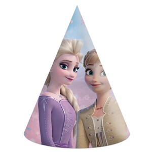 May include: A party hat featuring a colorful illustration of Elsa and Anna from the movie Frozen II. The hat is blue and pink with a snowflake design.