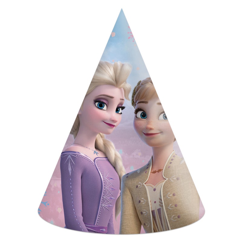 May include: A party hat featuring a colorful illustration of Elsa and Anna from the movie Frozen II. The hat is blue and pink with a snowflake design.
