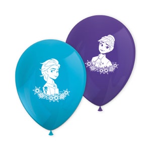 May include: Two latex balloons, one blue and one purple, with white outlines of the characters Elsa and Anna from the movie Frozen. The balloons are decorated with snowflakes.