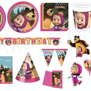 MASHA and THE BEAR Party Decor Supplies Tableware Balloons Napkins Plates Tablecover Banner Cups Invitation cards  Straws