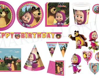 MASHA and THE BEAR Party Decor Supplies Tableware Balloons Napkins Plates Tablecover Banner Cups Invitation cards  Straws