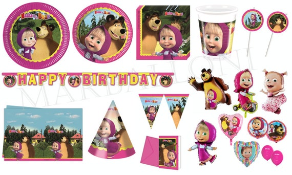 MASHA and THE BEAR Party Decor Supplies Tableware Balloons Napkins Plates Tablecover Banner Cups Invitation Cards Straws Etsy Canada