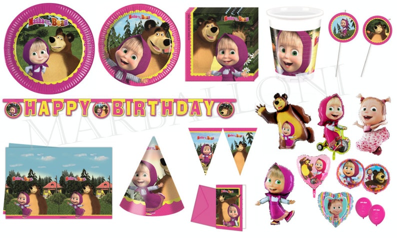 MASHA and THE BEAR Party Decor Supplies Tableware Balloons Napkins Plates Tablecover Banner Cups Invitation cards Straws image 1