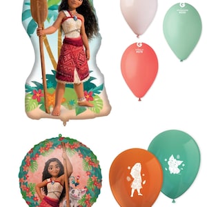 May include: A selection of party balloons featuring the character Moana. Includes a large foil balloon in the shape of Moana, and several latex balloons in shades of pink, coral, and green. Ideal for a themed birthday party.