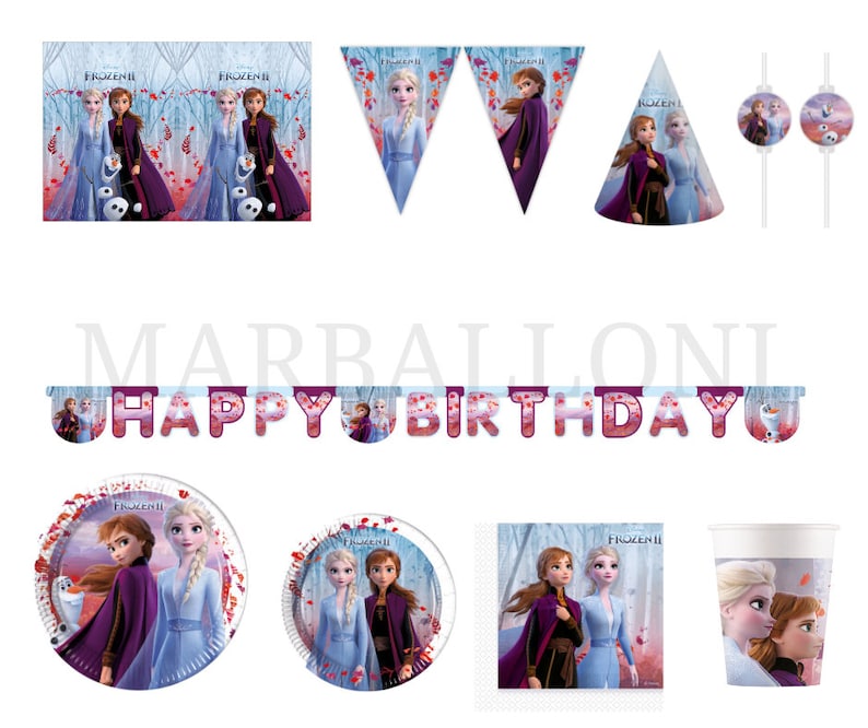 May include: Frozen II party supplies featuring a banner with the text "Happy Birthday", plates, cups, napkins, and a party hat with images of Elsa and Anna from the movie Frozen II.
